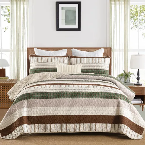 Vista 16 de DJY Juego de edredón a rayas tamaño Queen, juego de colcha bohemia verde salvia de 3 piezas, juego de ropa de cama acolchada de microfibra suave