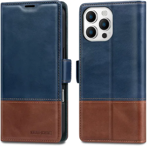 Vista 12 de KEZiHOME Funda tipo cartera para iPhone 14 Pro, de piel auténtica, bloqueo RFID, ranuras para tarjetas, soporte, a prueba de golpes, funda magnética