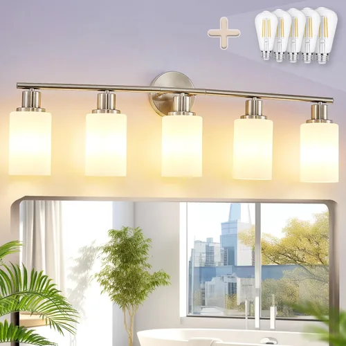 Vista 29 de DLLT - Juego de 2 apliques de pared, modernos accesorios de tocador de baño, luces de tocador negro mate con pantalla de vidrio blanco lechoso