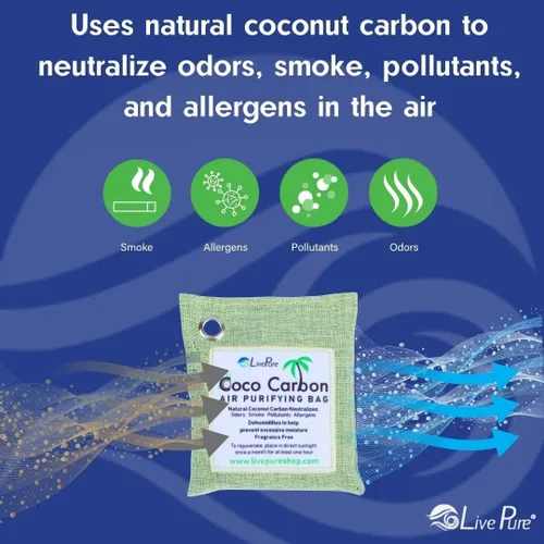 Vista 4 de LivePure CocoCarbon - Bolsa purificadora de aire de coco y carbono, eliminador de olores, paquete de 7, color gris