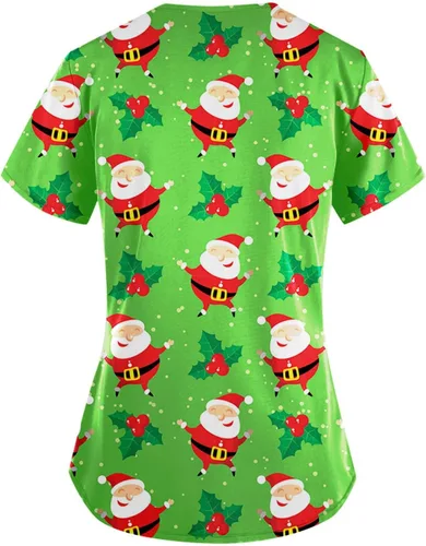 Vista 2 de Christmas Scrubs for Women Plus Size V Ncek Short Sleeve Cute Printed Hoilday Workwear Nursing Uniform with Pocket