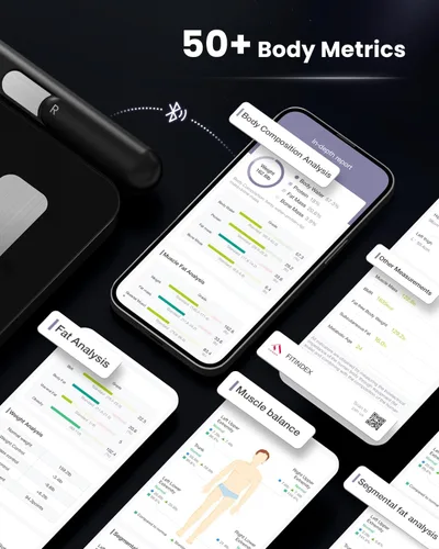 Vista 5 de FITINDEX Báscula de composición corporal para peso corporal, 8 electrodos inteligentes con IMC, grasa corporal, masa muscular, 50 medidas