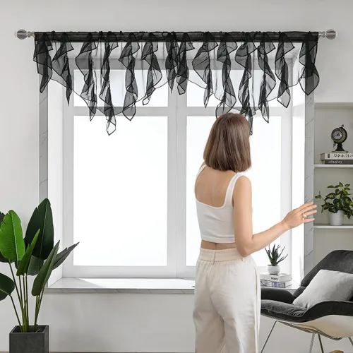 Vista 2 de PearAge Cenefa de cortina semitransparente de gasa con volantes, para cocina, sala de estar, cenefa con volantes estilo shabby chic, cenefa de Negro