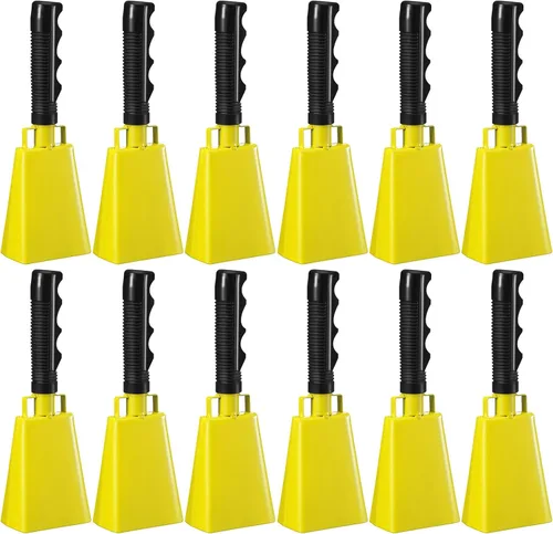 Vista 8 de Pelopy 12 campanas de vaca grandes de 9 pulgadas con mango para eventos deportivos, cencerros de percusión de mano, campanas de campana de animación