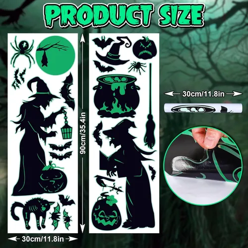 Vista 2 de AnyDesign 2 hojas de calcomanías de pared de bruja de Halloween que brillan en la oscuridad, bruja, murciélago, calabaza, araña, calcomanías