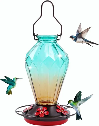 Vista 11 de Comedero de colibrí de vidrio para exteriores colgante, comedero de néctar de colibrí de 25 onzas, percha, 5 puertos de alimentación