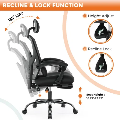 Vista 5 de Sweetcrispy Silla de escritorio para computadora de oficina, ergonómica, con respaldo alto, de malla, giratorias, con ruedas, cómodo soporte lumbar