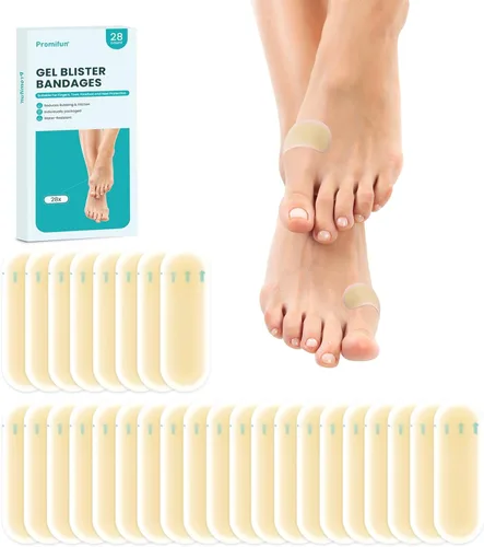 Promifun Vendajes para ampollas - 28 unidades de almohadillas de hidrocoloide para pies, dedos, talones - Almohadillas de gel resistentes al agua