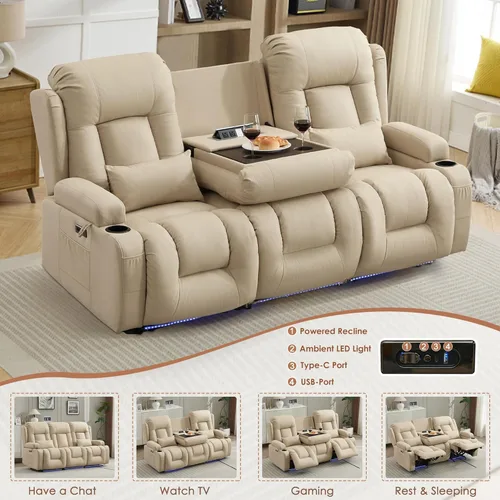 Vista 4 de TUNYI Wall Hugger Power Loveseat - Sofá biplaza reclinable con consola de teatro, sofá reclinable RV con USB/tomacorriente/altavoz/portavasos/luz
