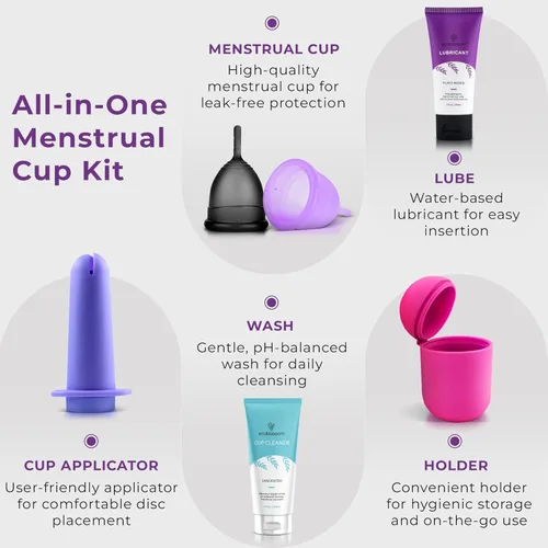 Vista 2 de Ecoblossom Kit completo de copa menstrual, tazas reutilizables pequeñas y grandes, soporte para esterilizador de silicona, lavado de limpieza