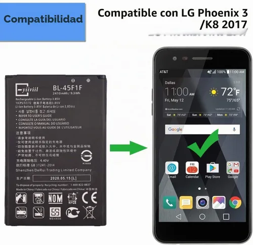Vista 3 de Batería de repuesto de polímero de litio BL-45F1F compatible con LG Aristo K8 2017 M150 M210 Phoenix 3 Risio 2 con herramienta