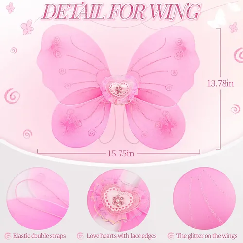Vista 2 de 4 piezas de disfraz de hada de mariposa para niñas, conjunto de disfraz de princesa con alas, falda tutú, varita para niñas de 3 a 8 años, rosa