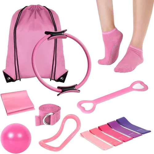 Pilates Ring and Ball Set, 6 Pcs Home Pilates Kit with 13” Circle Circle Yoga Ring 3 Resistance Bands 9.8” Pilates Ball Pilates Grip Socks, Pilates