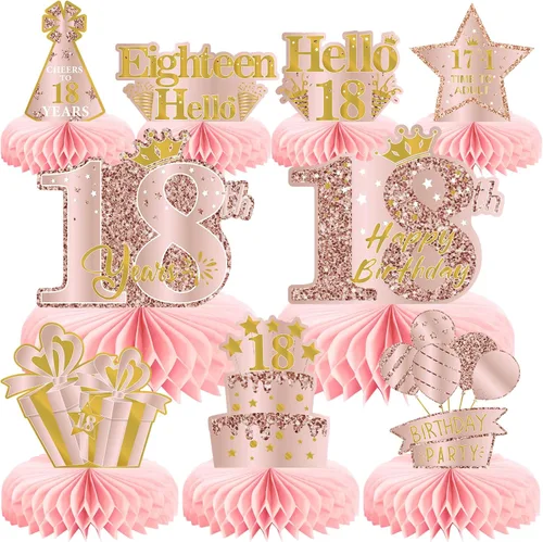 Vista 10 de 9 piezas de decoración de cumpleaños número 13, centros de mesa de cumpleaños rosa rosa dorado para niñas, centros de mesa de feliz cumpleaños 13