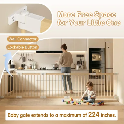 Vista 7 de Corralito para bebés, corralito para bebés y niños pequeños, patio de juegos plegable de madera con puerta, centro de actividades ajustable