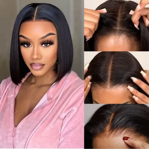 Vista 21 de UNICE Yaki Peluca Bob Recta de Cabello Humano con Cordón Adiós Nudos Sin Pegamento 7x5 Pelucas Frontales de Encaje de Cabello Humano Pre Desplumadas