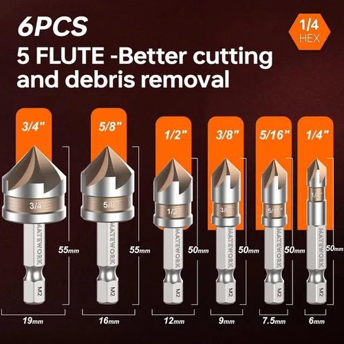 Vista 7 de Juego de brocas avellanadas M2 cobalto HSS, 6 piezas de vástago hexagonal de cambio rápido de 1/4 pulgadas para metal, madera, acero inoxidable