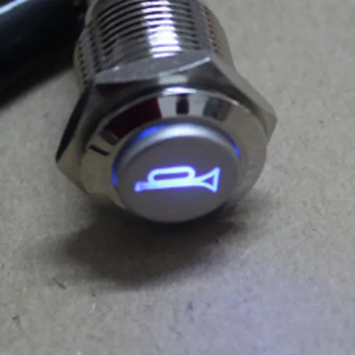 Vista 4 de ESUPPORT Botón de contacto momentáneo, para bocina, claxon, con luz LED azul, de 12V, para auto, vehículo, interruptor de palanca de metal, 19mm