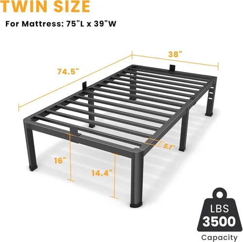 Vista 3 de Superay Marco de Cama de Plataforma de Metal Tamaño Twin de 16 Pulgadas con Esquinas Redondas, Espacio de Almacenamiento Debajo del Marco de Cama