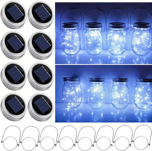 Vista 8 de Guirnalda de luces solares con tapa de tarro de masón, paquete de 8 unidades de 20 luces LED de hadas con 8 ganchos incluidos (tarros no incluidos)