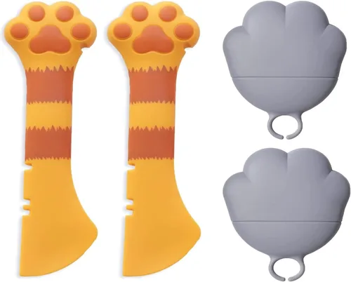 Vista 22 de Juego de 4 suministros de latas de comida para mascotas, tapas universales de silicona para latas de gatos, espátula 2 en 1, abridor de latas