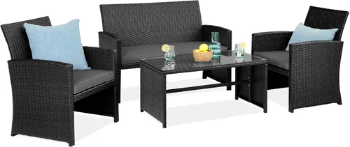 Vista 30 de Best Choice Products Juego de muebles de conversación de patio de mimbre al aire libre de 4 piezas para patio trasero con mesa de café, cojines