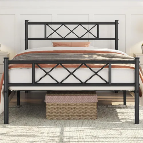 Vista 13 de Yaheetech Marco de cama de plataforma metálica tamaño twin con cabecero y pie de cama simples, base de colchón para almacenamiento debajo