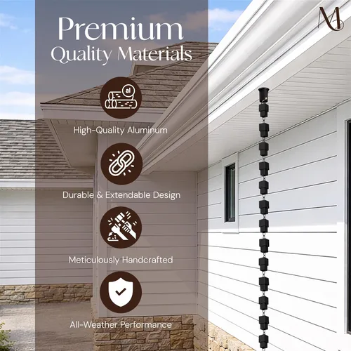Vista 3 de Monarch Rain Chains Cadenas de lluvia negras de aluminio multicubo para canaletas – Cadena de lluvia decorativa negra de 8.5 pies para exteriores