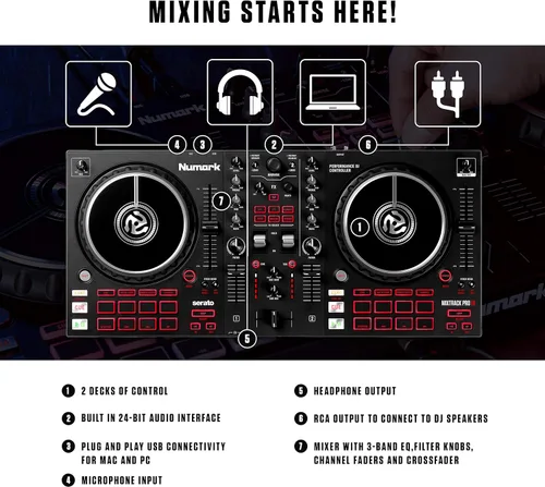 Vista 4 de Numark Mixtrack Pro FX + HF125 Controlador DJ de 2 niveles para Serato DJ, con mezclador DJ, interfaz de audio integrada y auriculares profesionales