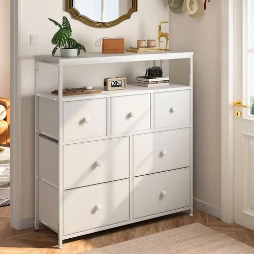 Vista 31 de EnHomee Soporte de TV para dormitorio con 7 cómodas y 2 estantes abiertos, cómodas y cómodas para pasillo, entrada, dormitorio, gris