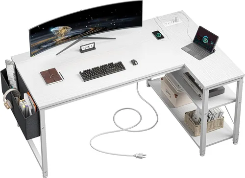 Vista 14 de EnHomee Escritorio pequeño para computadora con estantes de almacenamiento y bolsa lateral, escritorio de juegos en forma de L de 40 pulgadas