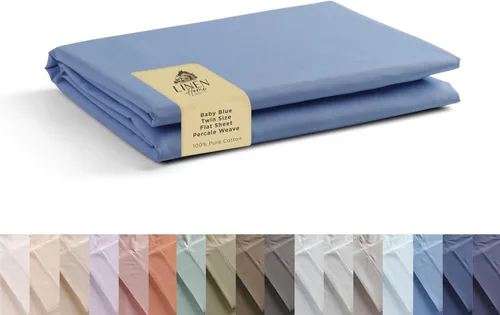 Sábanas de 100% algodón percal, tamaño individual, 1 sábana encimera, ropa de cama fresca, resistente y transpirable, celeste