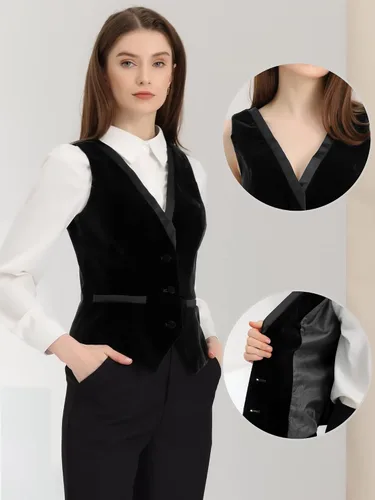 Vista 2 de Allegra K Chaleco de terciopelo para mujer, estilo retro, sin mangas, steampunk, chaleco elegante