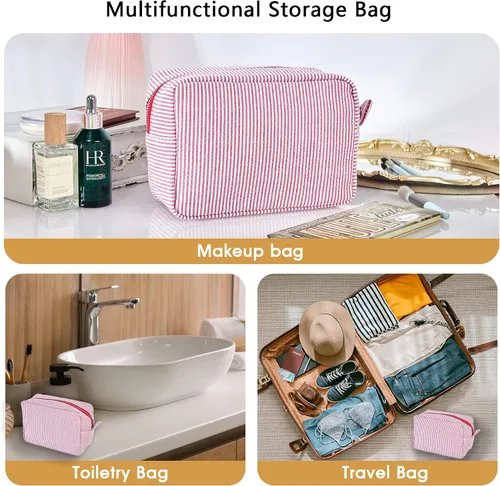 Vista 5 de Roycraft Bolsa de maquillaje de viaje y cosméticos para mujer, Raya, Seersucker bordado