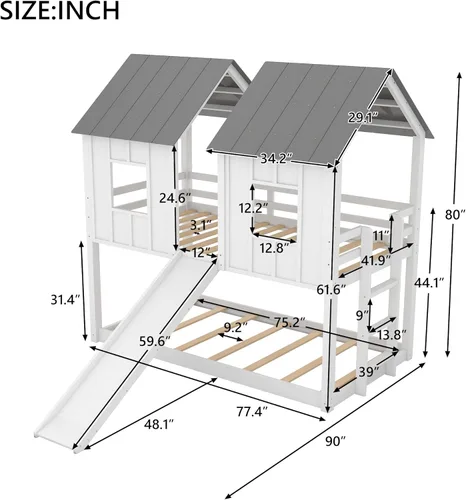 Vista 153 de Cama de casa de tamaño individual con elegantes ventanas y estantería, litera con diseño de castillo de madera con barandillas de seguridad