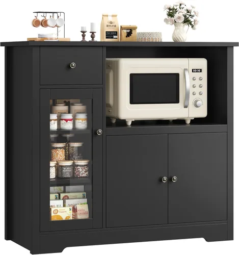Vista 8 de HORSTORS Armario para microondas, armario de almacenamiento de cocina con 3 puertas y 1 cajón, aparador de buffet con estantes ajustables, soporte
