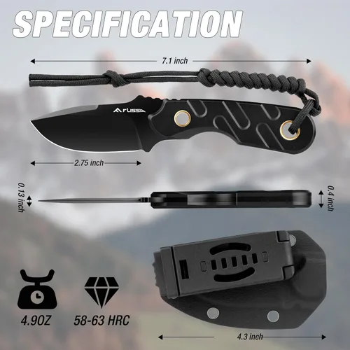Vista 6 de FLISSA Cuchillo de hoja fija, cuchillo de caza de espiga completa de 7 pulgadas con funda Kydex y cuerda de emergencia, cuchillo táctico