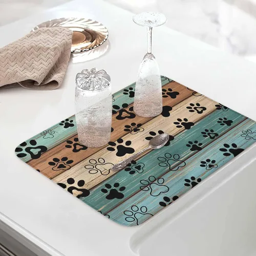 Vista 5 de Tapete de secado de platos con estampado de patas de perro para encimera de cocina, tapete de secado de platos de madera verde azulado, marrón
