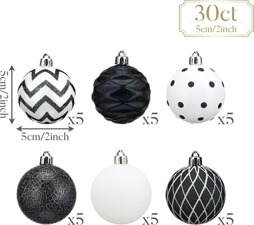 Vista 4 de Valery Madelyn Adornos de Navidad para árbol de Navidad, juego de 30 adornos de bolas de Navidad inastillables en blanco y negro, 2 pulgadas