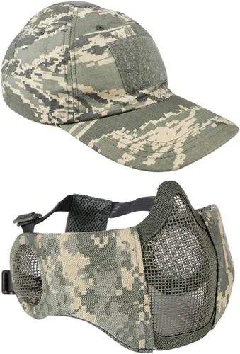 Aoutacc Juego de máscara de malla y gorra de media cara, máscara táctica de malla plegable con protección para los oídos para pistola BB de