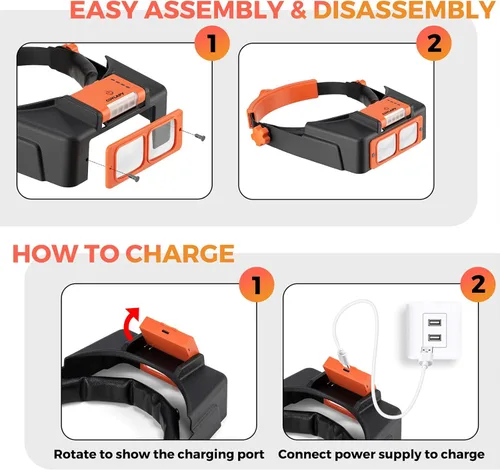 Vista 6 de Lupa de diadema con luz, gafas de aumento recargables para trabajo de cerca, diadema de aumento de 1.5X - 3.5X con 4 lentes, visor de lupa