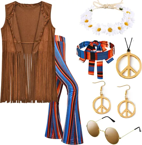 ZeroShop Disfraz hippie para mujer, trajes de los años 70, accesorios de ropa hippy, pantalones de los años 60, gafas, diadema de corona de flores,