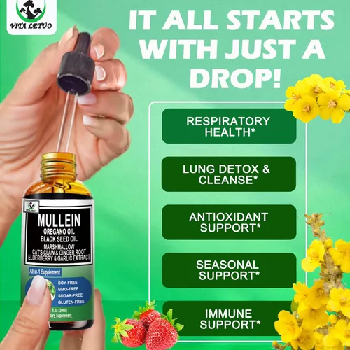Vista 5 de Gotas de gordolobo orgánico 16 en 1 para pulmones Extracto de hoja de gordolobo con aceite de orégano con aceite de semilla negra Gotas líquidas