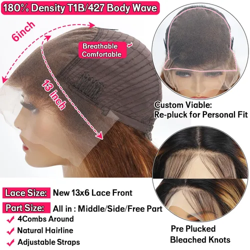 Vista 4 de ALSZIQIHR Pelucas de cabello humano ondulado con encaje frontal, prearrancado con abuelitos, rubio miel, ondulado, 13 x 6 pulgadas, HD