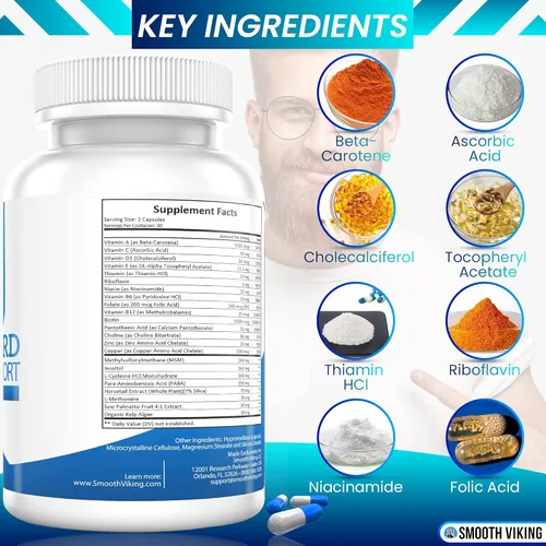 Vista 2 de Suplemento para el crecimiento de la barba, vitaminas para el crecimiento del cabello para hombres (60 cápsulas), 5000 MCG de biotina y DHT