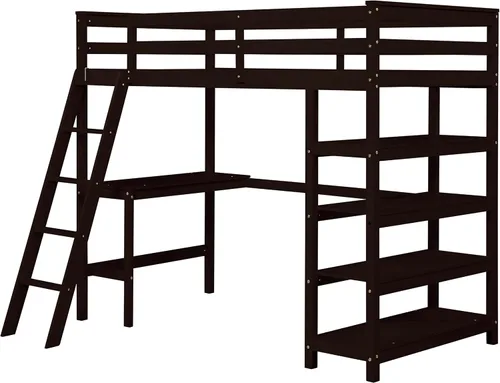 Vista 4 de ODC Cama alta individual con escritorio y estantería para adolescentes y adultos, marco de cama alta de madera maciza con escalera
