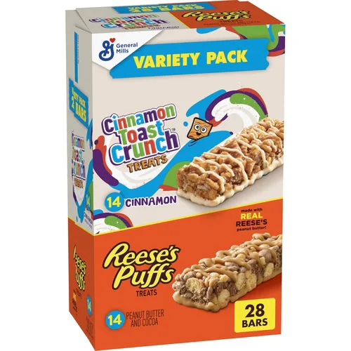 Cinnamon Toast Crunch and REESE'S Puffs - Barras de cereales, paquete variado, barras de aperitivos, 28 unidades, 23.8 onzas