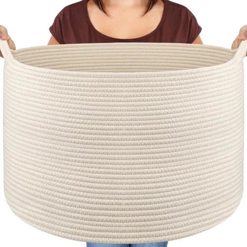 Vista 16 de Maliton - Cesta de manta extra grande, canasta de cuerda de algodón para juguetes, cesta de lavandería tejida con asas, almacenamiento decorativo