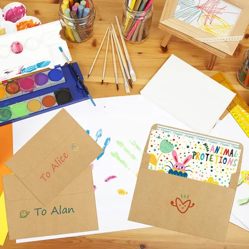 Vista 5 de Eupako Sobres de papel marrón A2, paquete de 100 sobres de invitación de 4.375 x 5.75 pulgadas, autosellados para RSVP, boda, notas