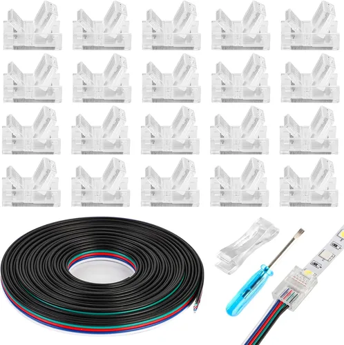 Vista 11 de HOMELYLIFE Paquete de 20 conectores de tira LED de 3 pines sin soldadura con cable de extensión de 16.4 pies, 3 conductores para tiras de luces LED